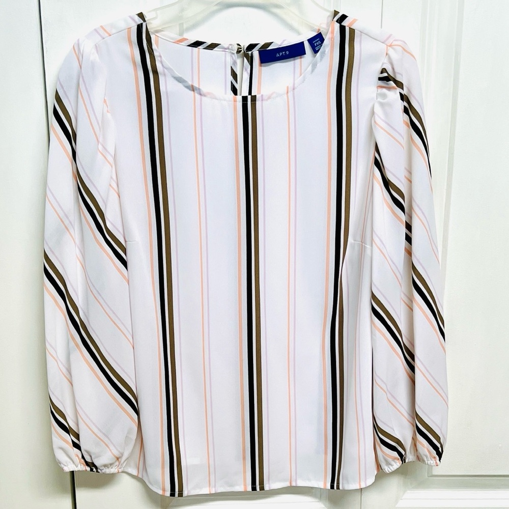 Apt. 9 White Blouse with Black and Peach Vertical Stripes Petite Size PXS
